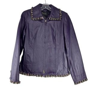 Terry Lewing Leather Jacket Womens Size XS‎ Purple Fringe Full Zip Pockets Lined
